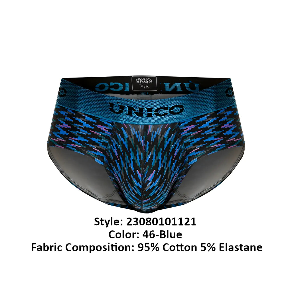 Blue patterned unico 23080101121 filamento briefs with textured geometric design and elastic waistband in blue