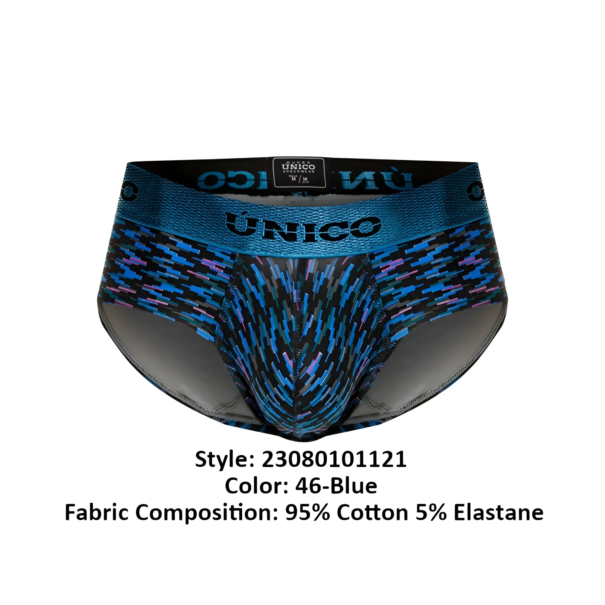 Blue patterned unico 23080101121 filamento briefs with textured geometric design and elastic waistband in blue