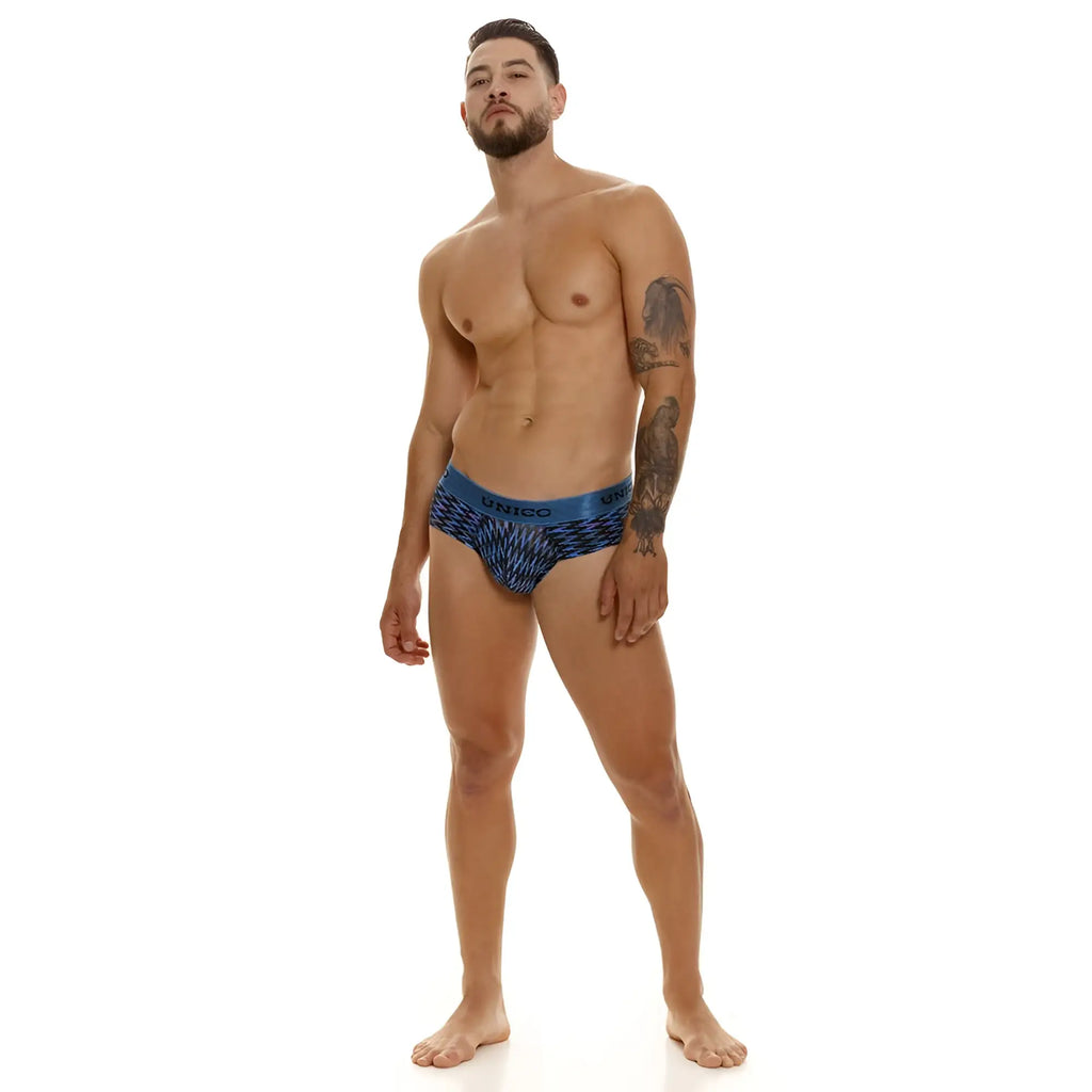 Unico 23080101121 filamento briefs in blue featuring textured design and blue patterned fabric for men