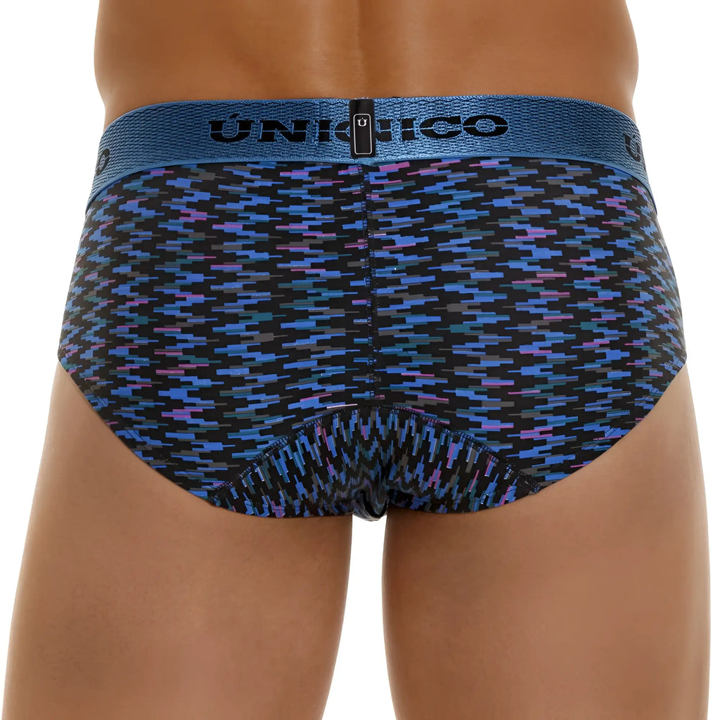 Unico 23080101121 filamento briefs for men in blue with purple geometric pattern and textured waistband