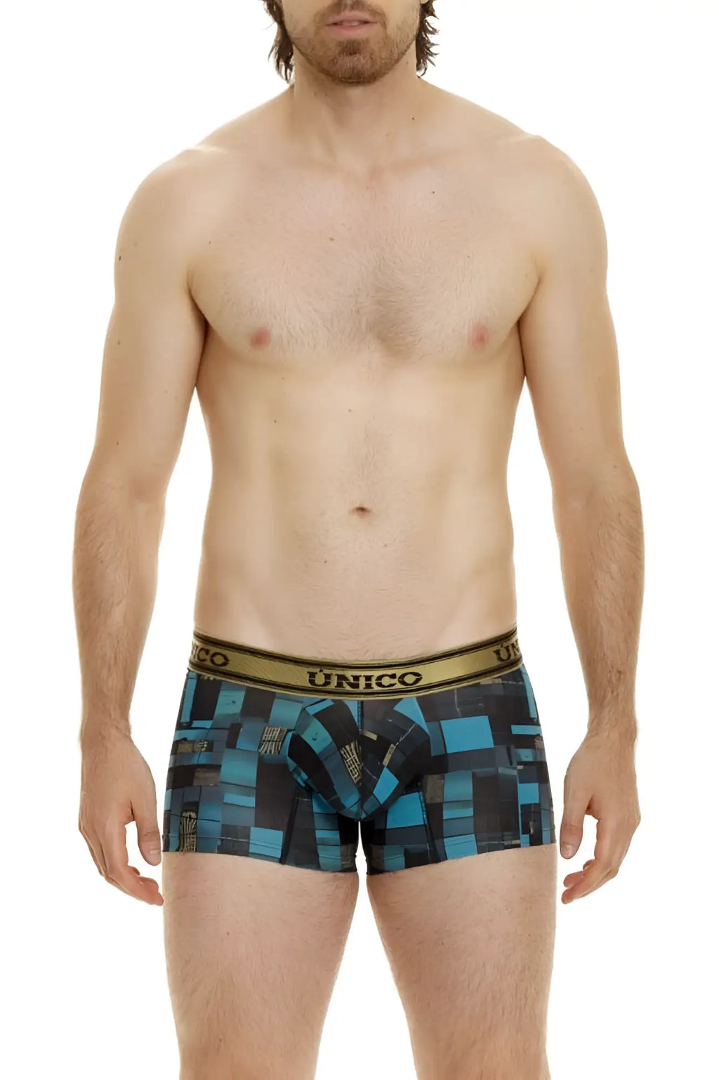 Unico 24010100104 Esquema trunks in blue feature a black geometric pattern and a gold waistband for comfortable wear