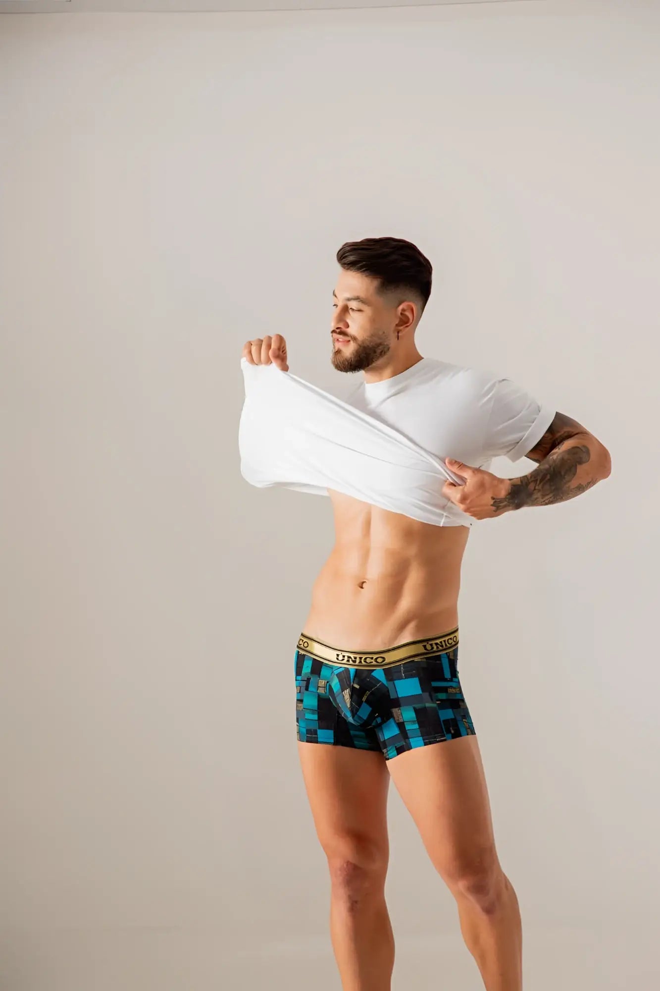 Unico 24010100104 Esquema blue and black geometric-patterned boxer briefs with gold waistband for comfortable wear