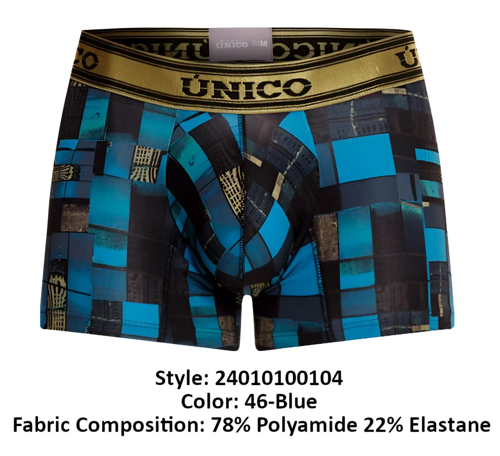 Blue and black geometric patterned Unico 24010100104 Esquema trunks with gold trim waistband in color 46-Blue