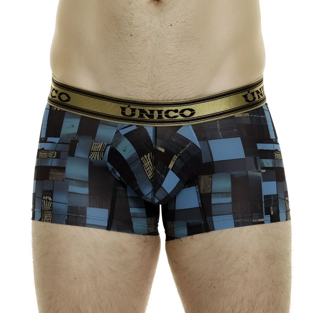 Unico 24010100104 esquema trunks in blue feature black geometric patterns and a gold waistband for stylish comfort
