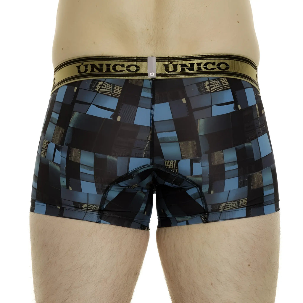 Unico 24010100104 esquema trunks blue and black geometric patterned men’s boxer briefs with gold waistband