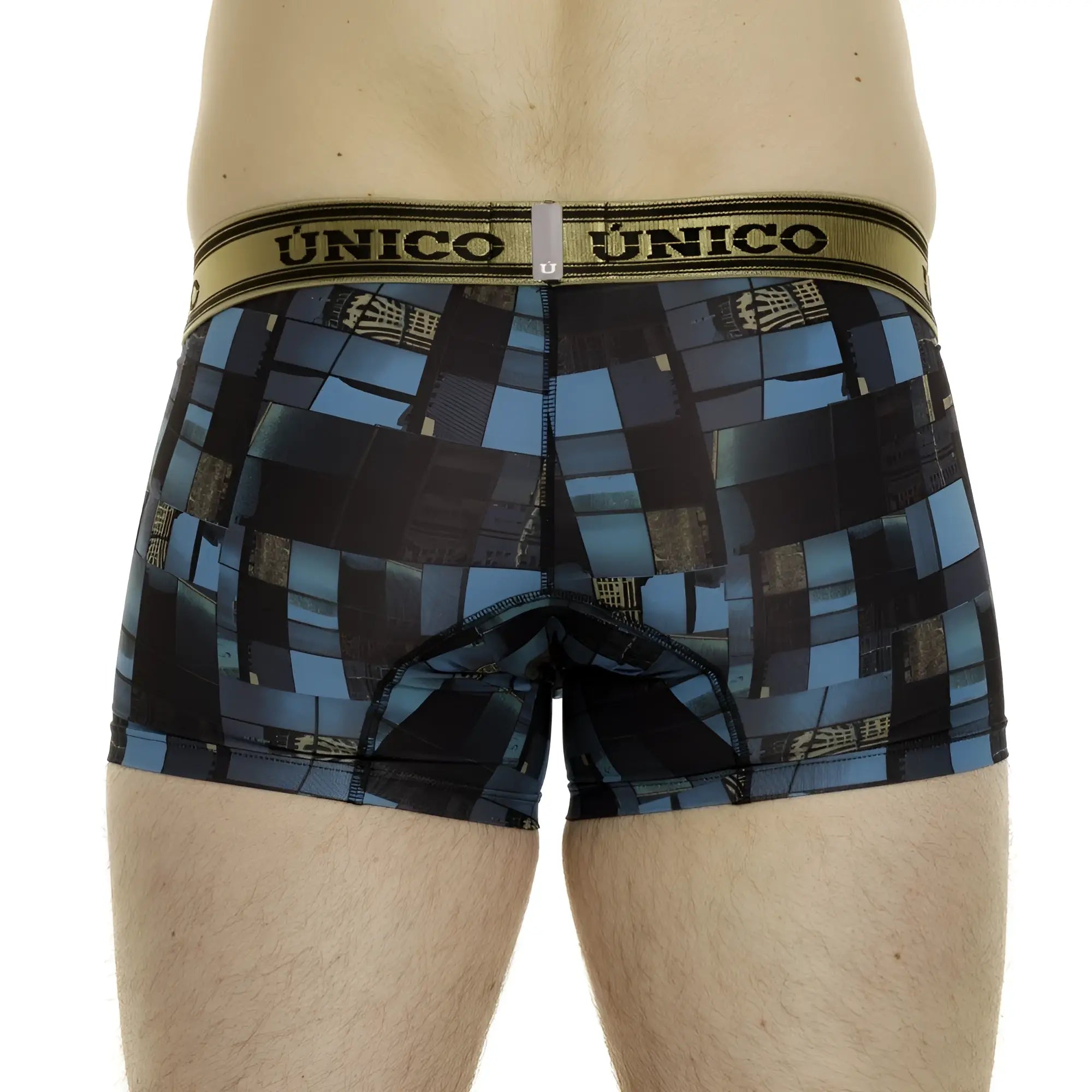 Unico 24010100104 esquema trunks blue and black geometric patterned men’s boxer briefs with gold waistband
