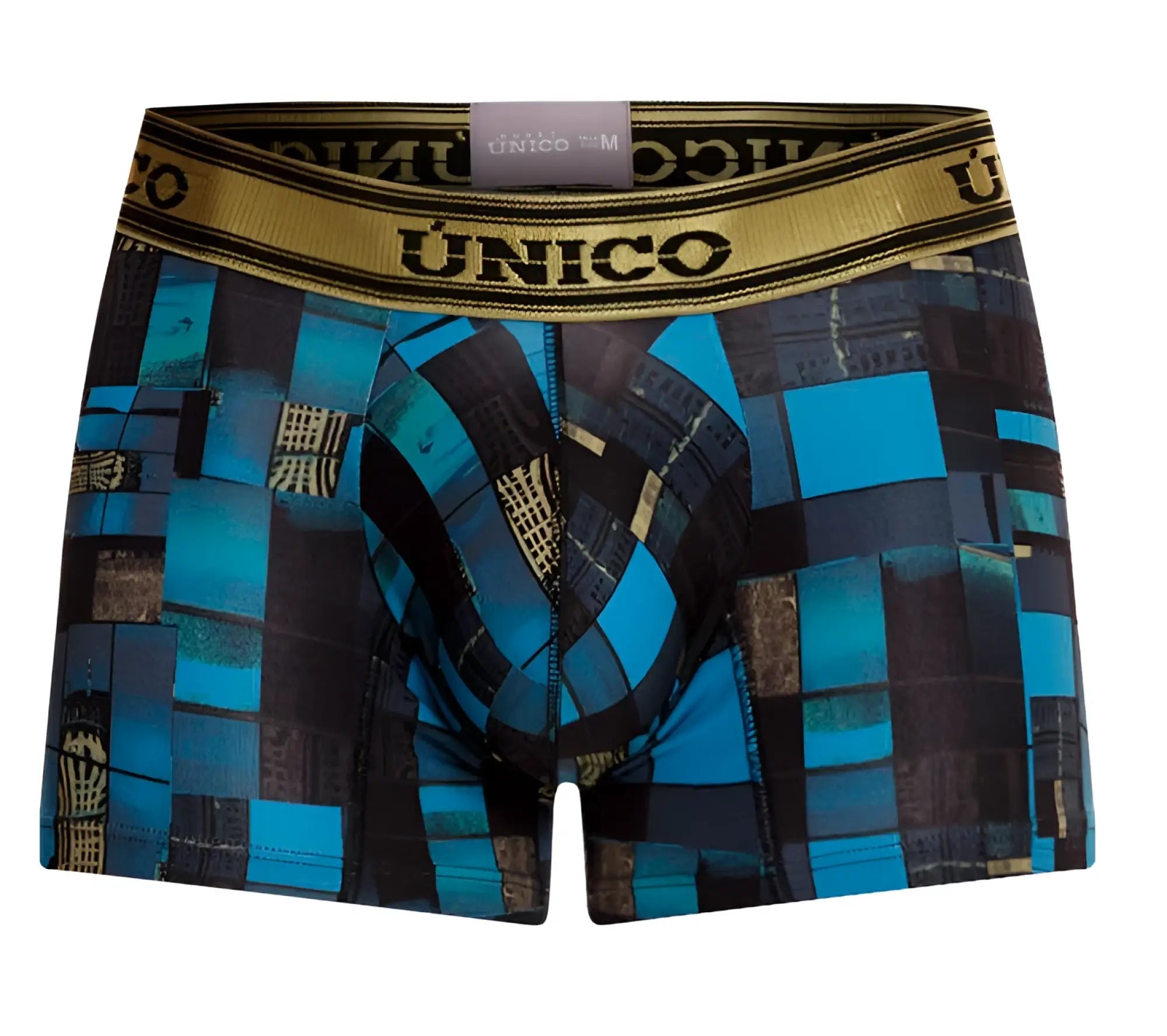 Men’s blue and black geometric-patterned boxer briefs with gold-trimmed waistband featuring único brand name