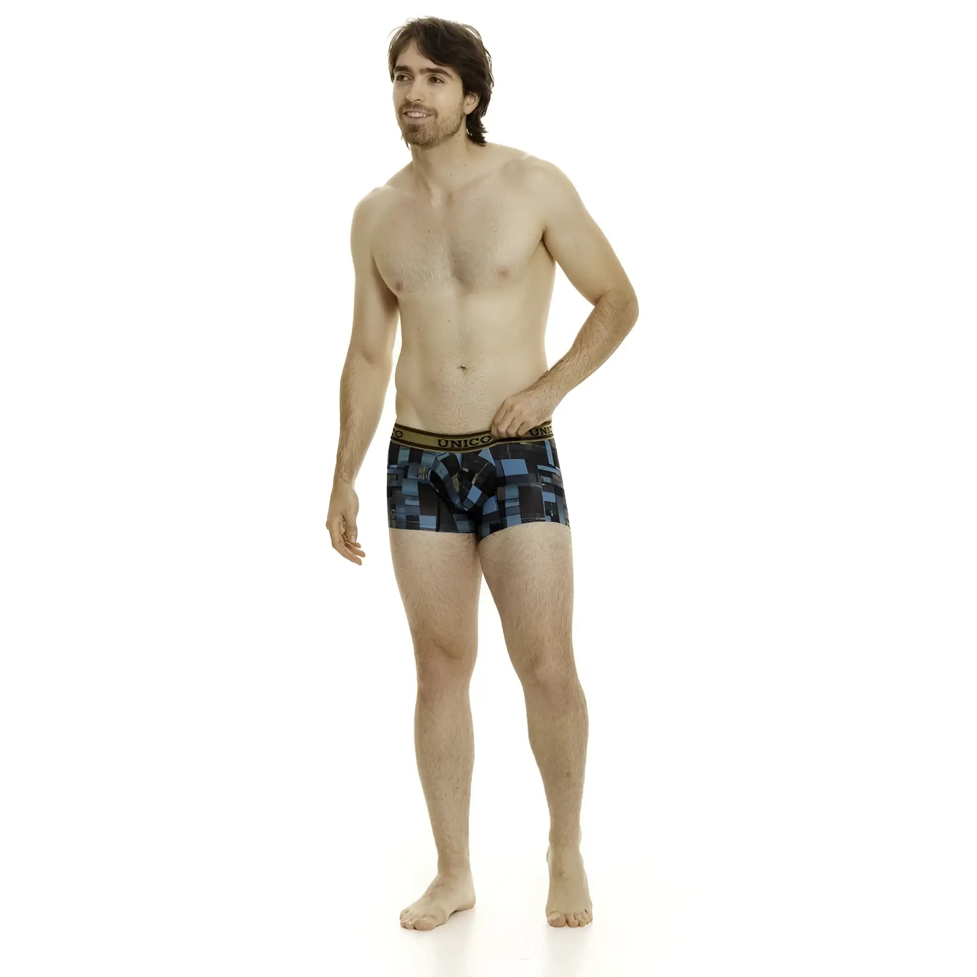 Unico 24010100104 esquema trunks blue and black geometric patterned men’s boxer briefs with gold trim waistband