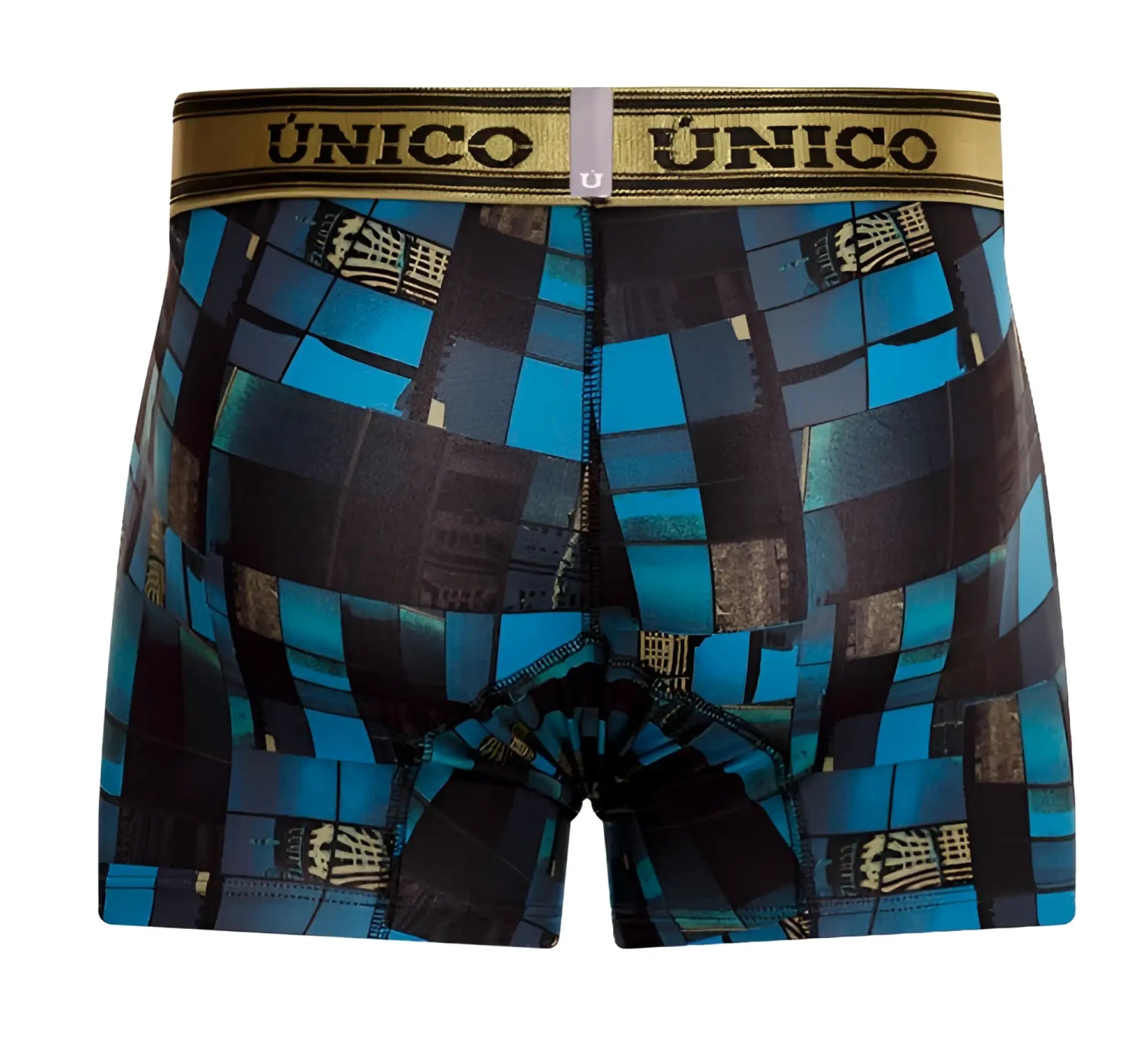 Blue and black patterned unico boxer briefs with gold waistband featuring the brand name color 46-blue