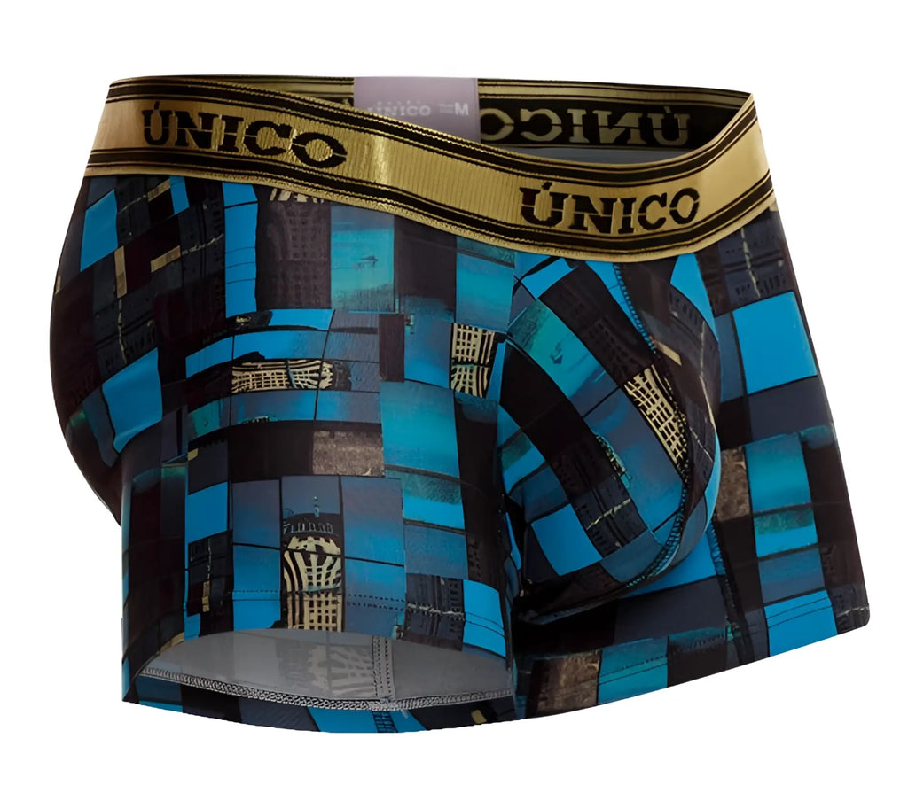 Unico 24010100104 esquema trunks blue and black patterned men’s boxer briefs with gold waistband featuring brand name
