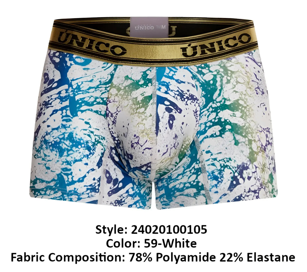 White boxer briefs unico 24020100105 gasoleo trunks color 59-white with blue green and purple paint splatter pattern