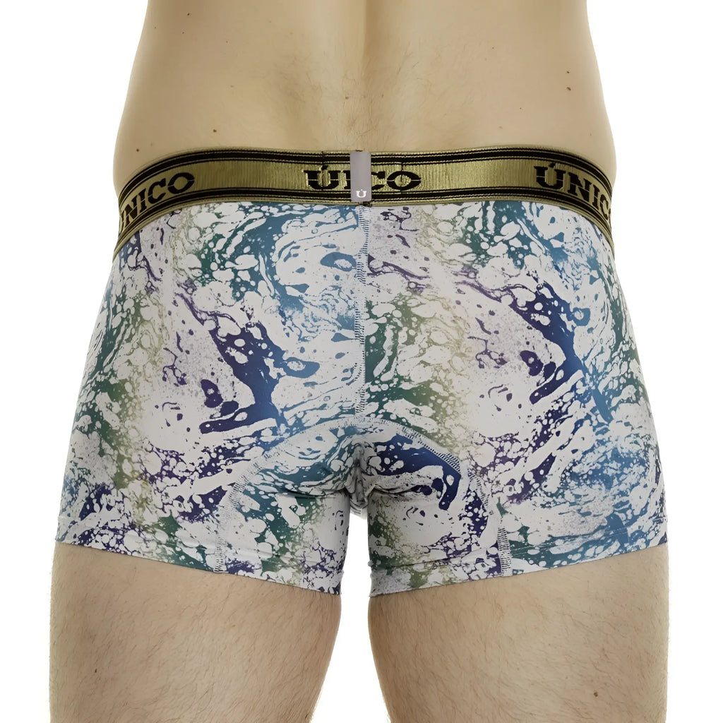 Unico 24020100105 gasoleo trunks white featuring men’s boxer briefs with vibrant blue green purple marble pattern and olive waistband