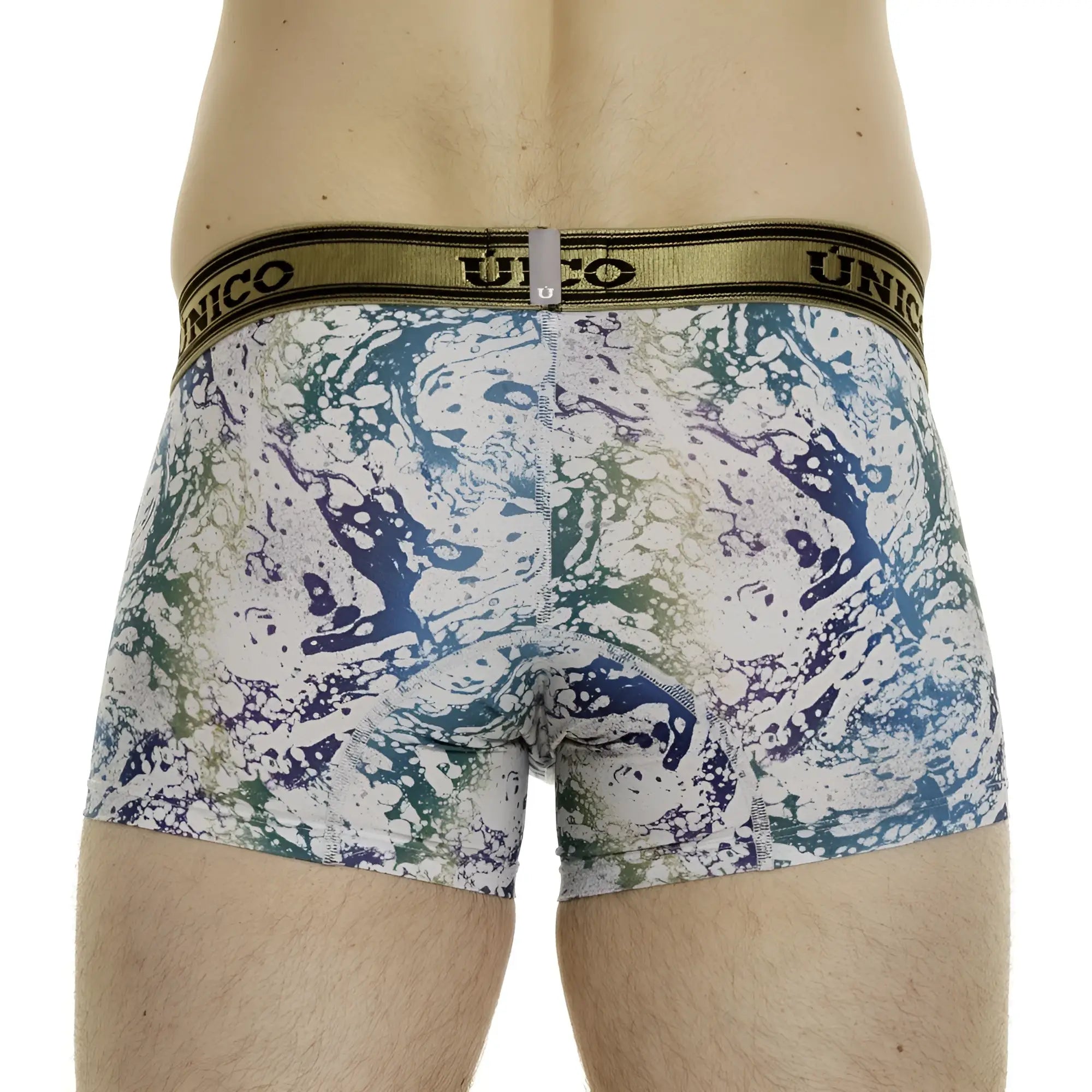 Unico 24020100105 gasoleo trunks white featuring men’s boxer briefs with vibrant blue green purple marble pattern and olive waistband