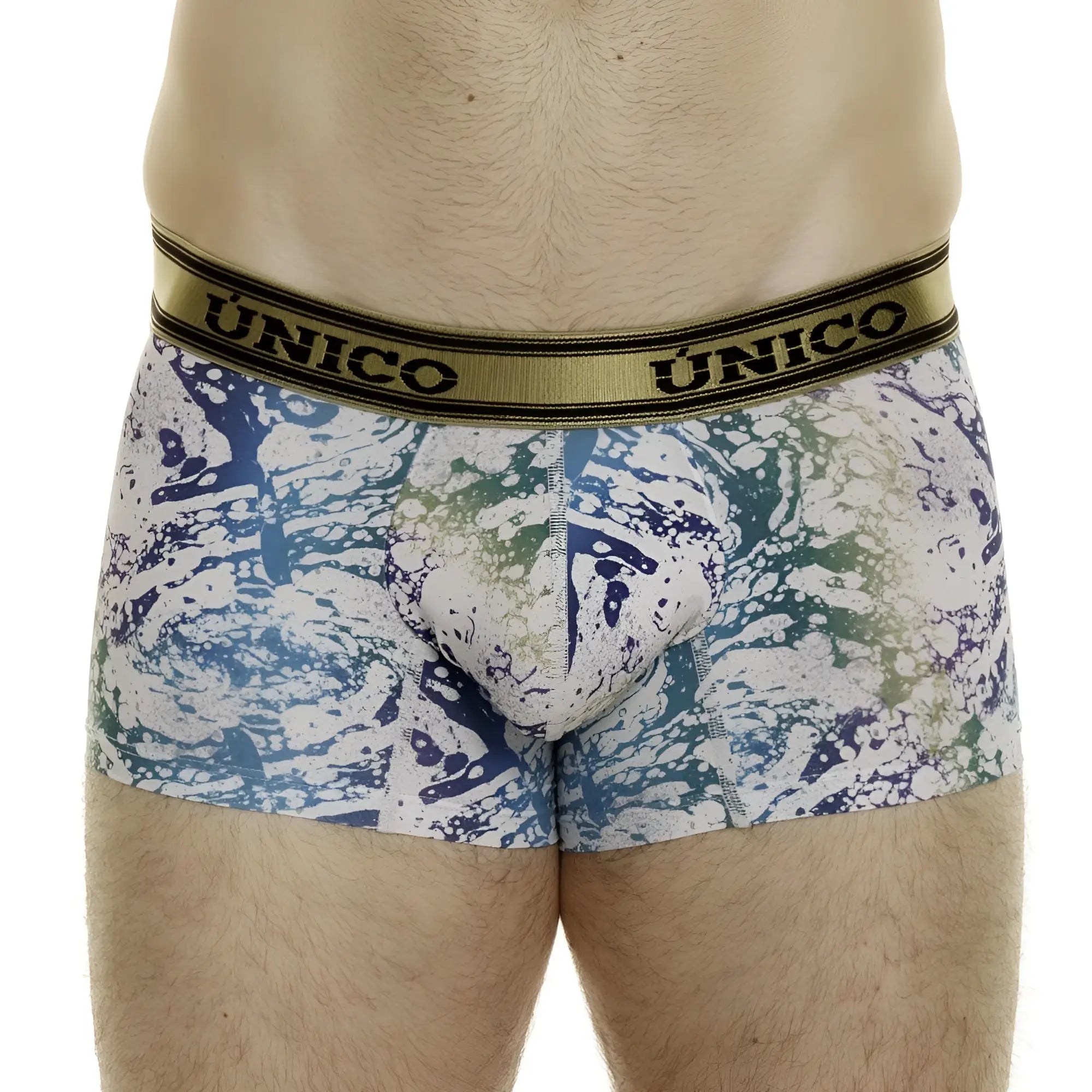 Unico 24020100105 Gasoleo trunks boxer briefs with vibrant blue green white paint splatter and gold waistband