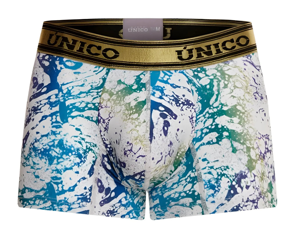 Unico 24020100105 Gasoleo trunks men’s boxer briefs with vibrant blue green white paint-splatter and gold waistband