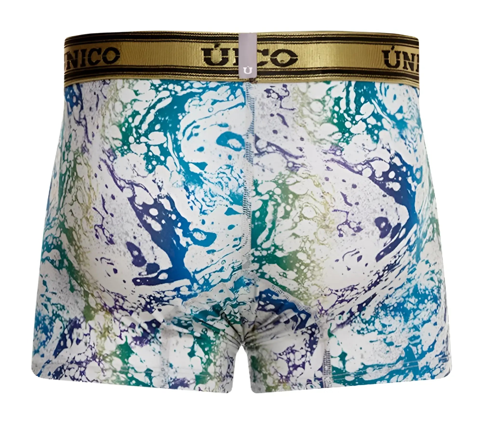 Men’s unico 24020100105 gasoleo trunks boxer briefs in white with vibrant blue green purple paint splatter and gold waistband