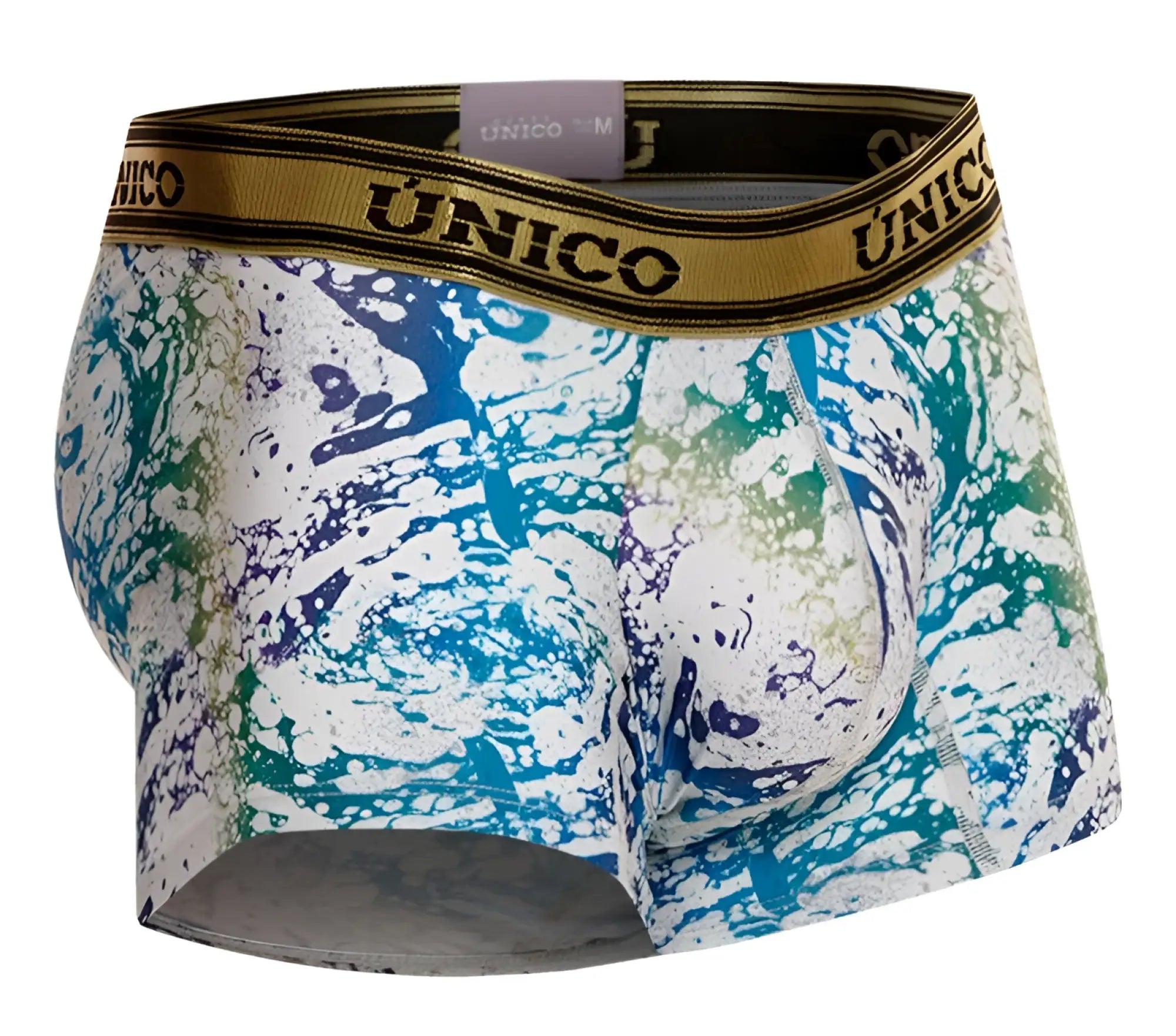 Unico 24020100105 Gasoleo trunks men’s boxer briefs with vibrant blue green and white paint-splatter stretchy fabric