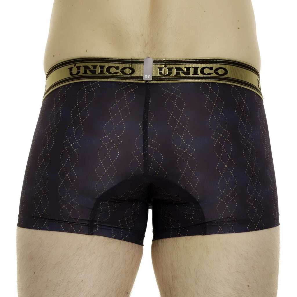 Black unico boxer briefs with subtle diamond pattern and gold trim in color 46 black front view