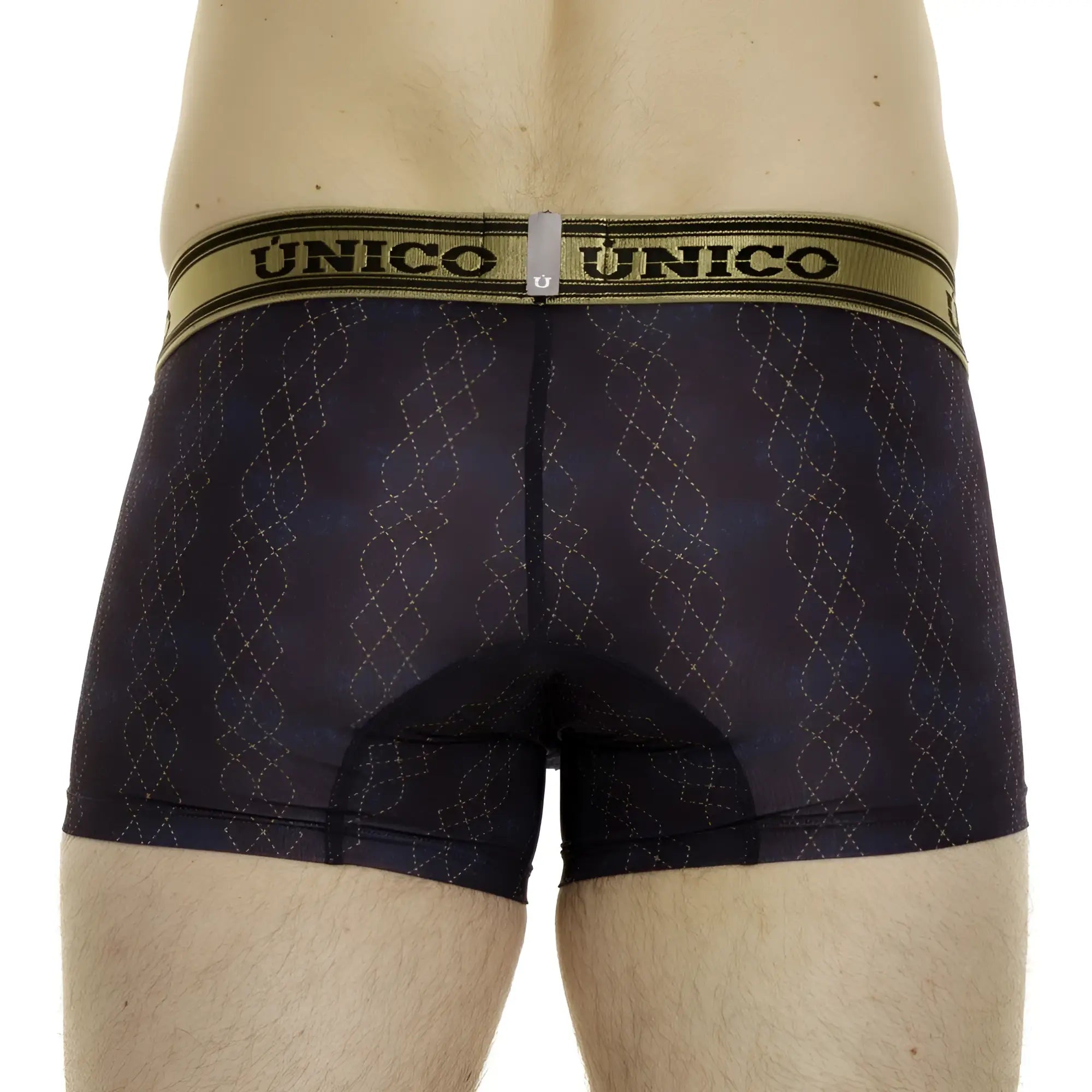 Black unico boxer briefs with subtle diamond pattern and gold trim in color 46 black front view
