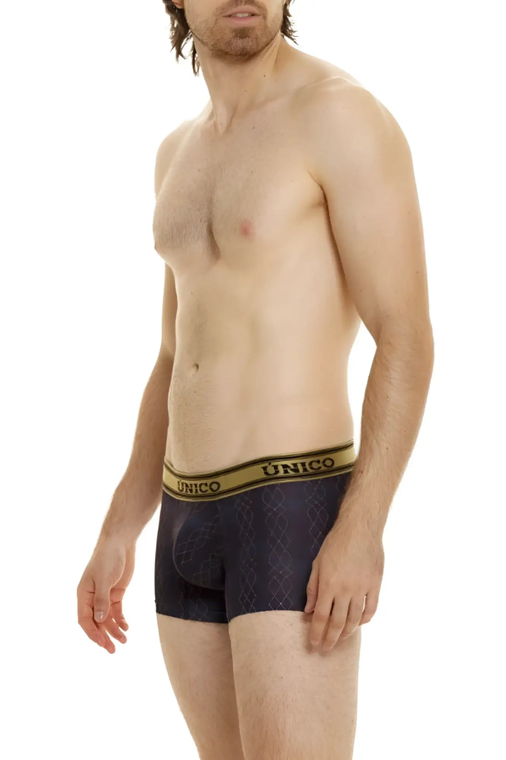 Dark blue unico 24020100106 laca trunks boxer briefs with subtle geometric pattern and gold waistband trim