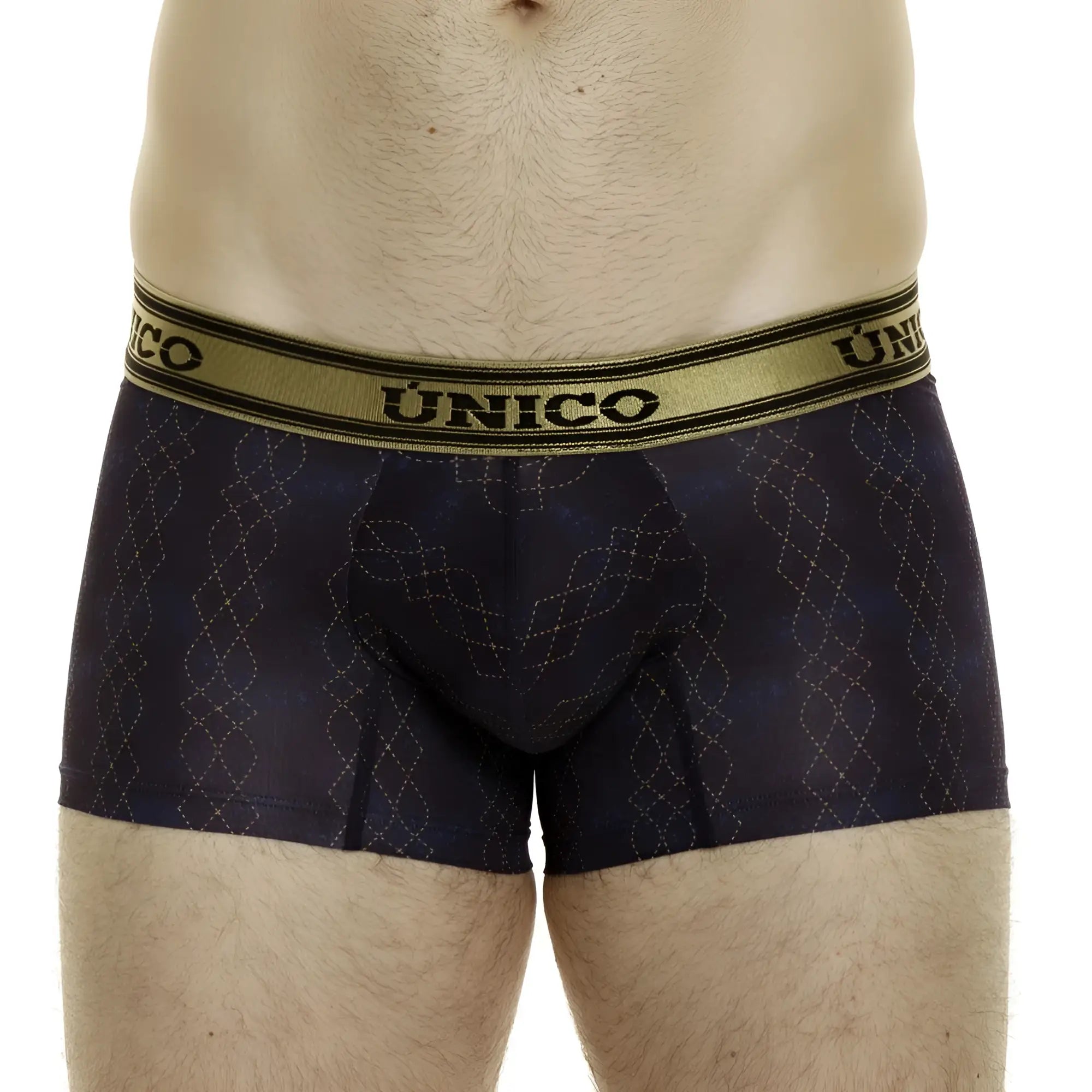 Dark blue unico 24020100106 laca trunks with gold diamond pattern and contrasting gold waistband featuring brand name