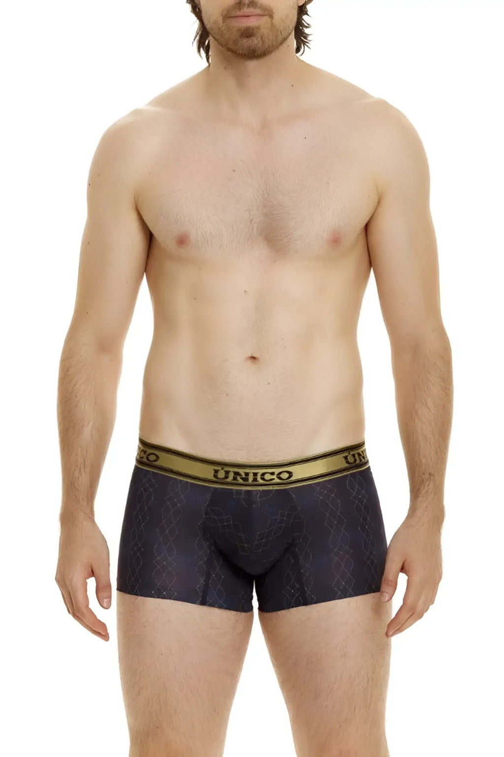 Dark blue unico 24020100106 laca trunks with a subtle geometric pattern and gold elastic waistband in black color