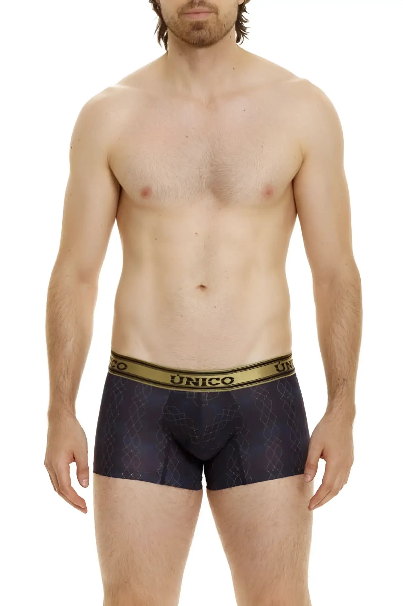 Dark blue unico 24020100106 laca trunks with a subtle geometric pattern and gold elastic waistband in black color