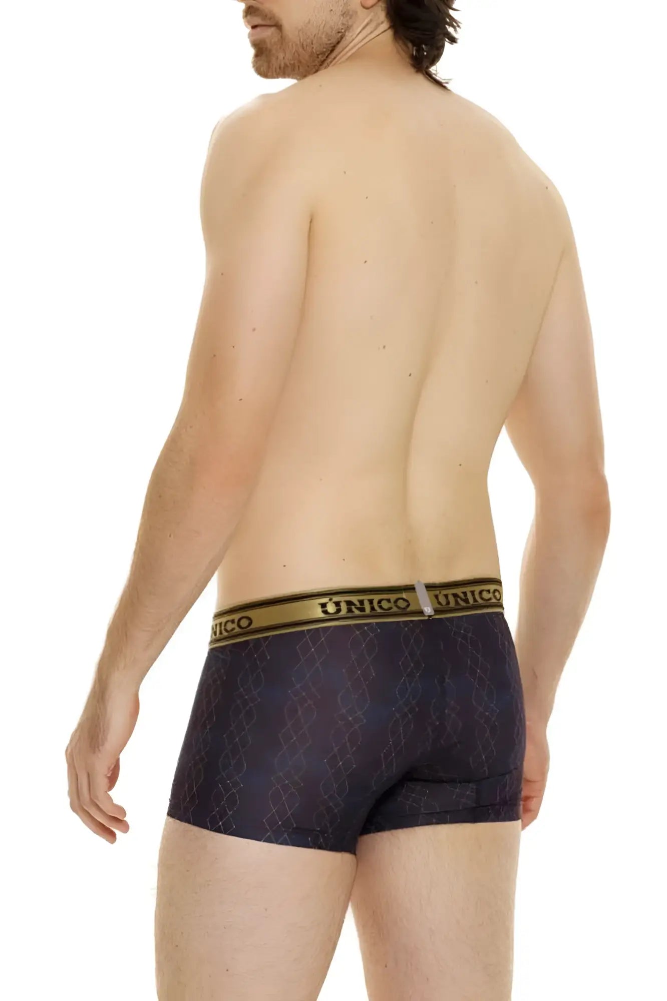 Dark blue Unico 24020100106 Laca trunks with subtle geometric pattern and gold-trimmed waistband in black color