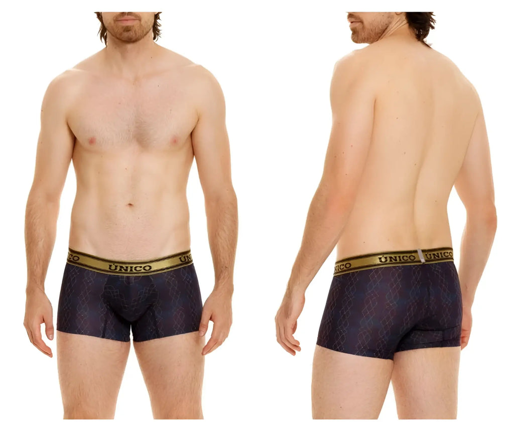 Dark blue unico 24020100106 laca trunks boxer briefs with subtle geometric pattern and gold trimmed waistband