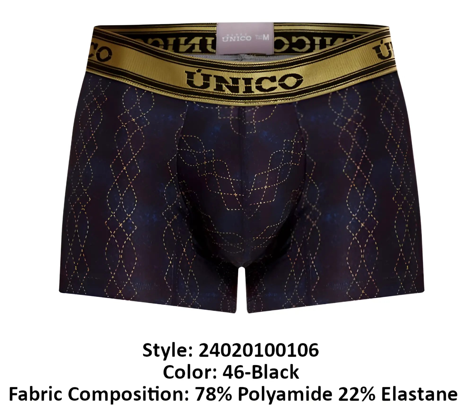 Dark blue unico 24020100106 laca trunks with gold diamond pattern and gold waistband featuring unico brand name