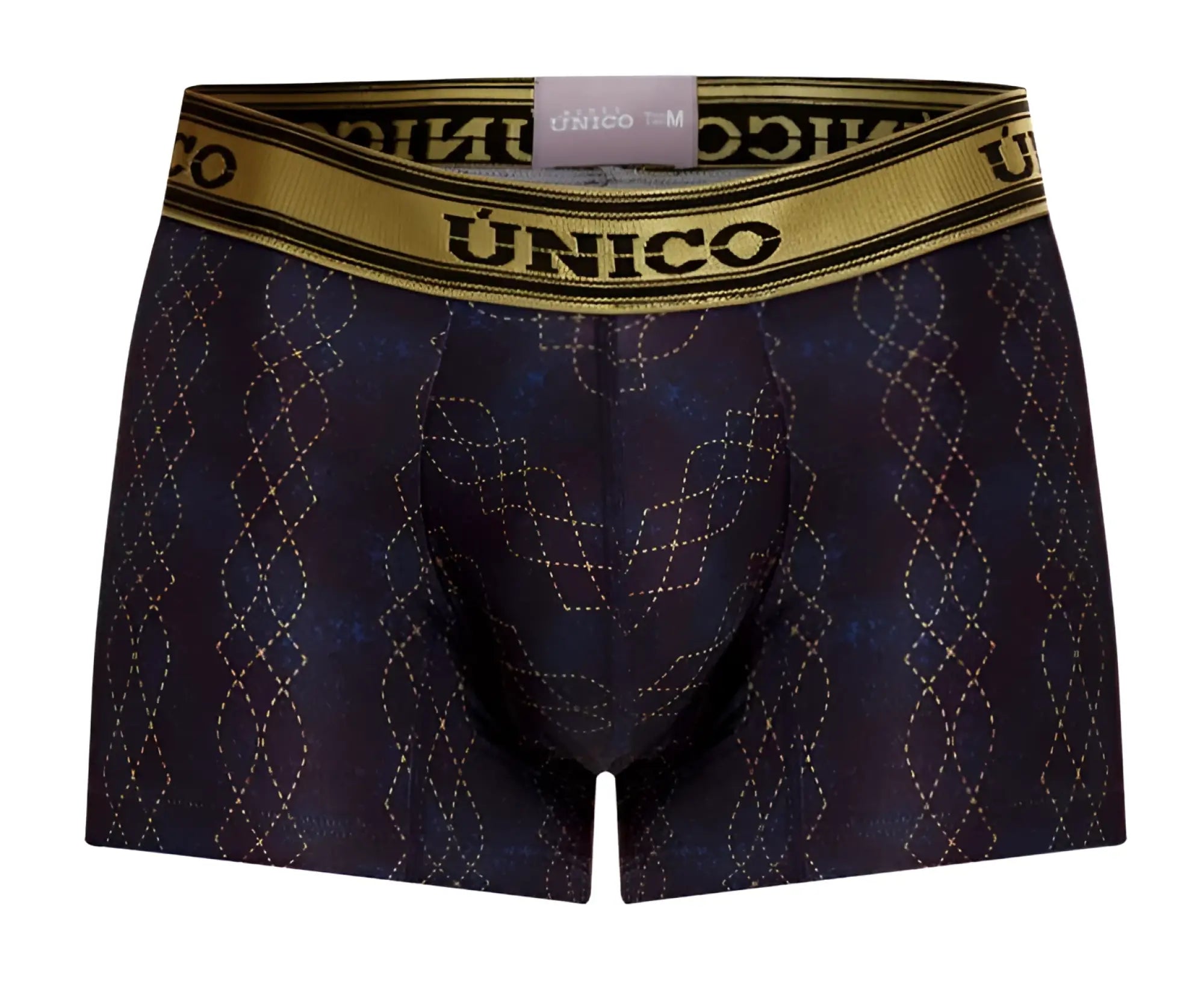 Dark blue unico 24020100106 laca trunks with subtle gold geometric pattern and gold waistband in color 46-black