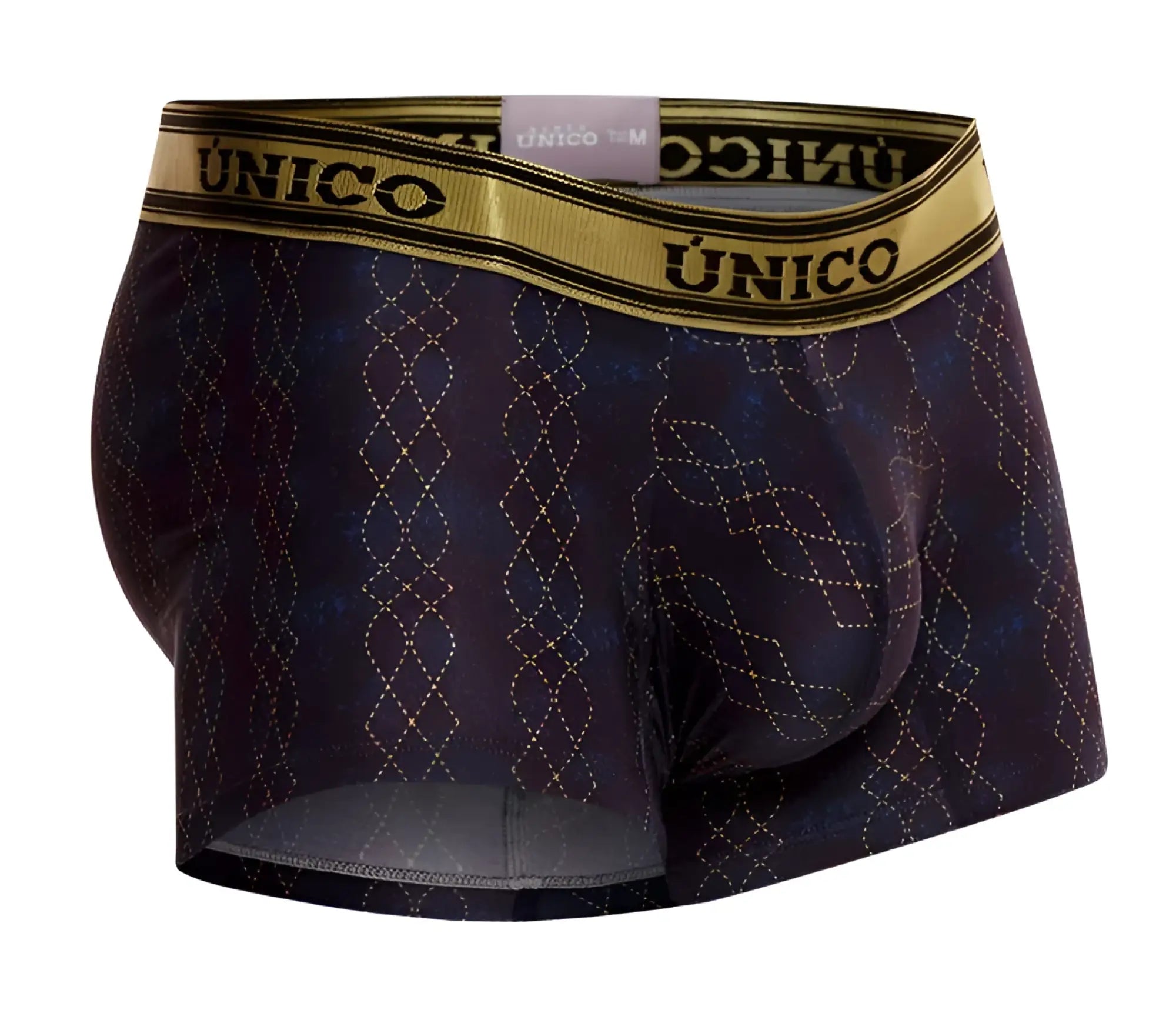 Dark blue unico 24020100106 laca trunks men’s boxer briefs with subtle geometric pattern and gold-trimmed waistband