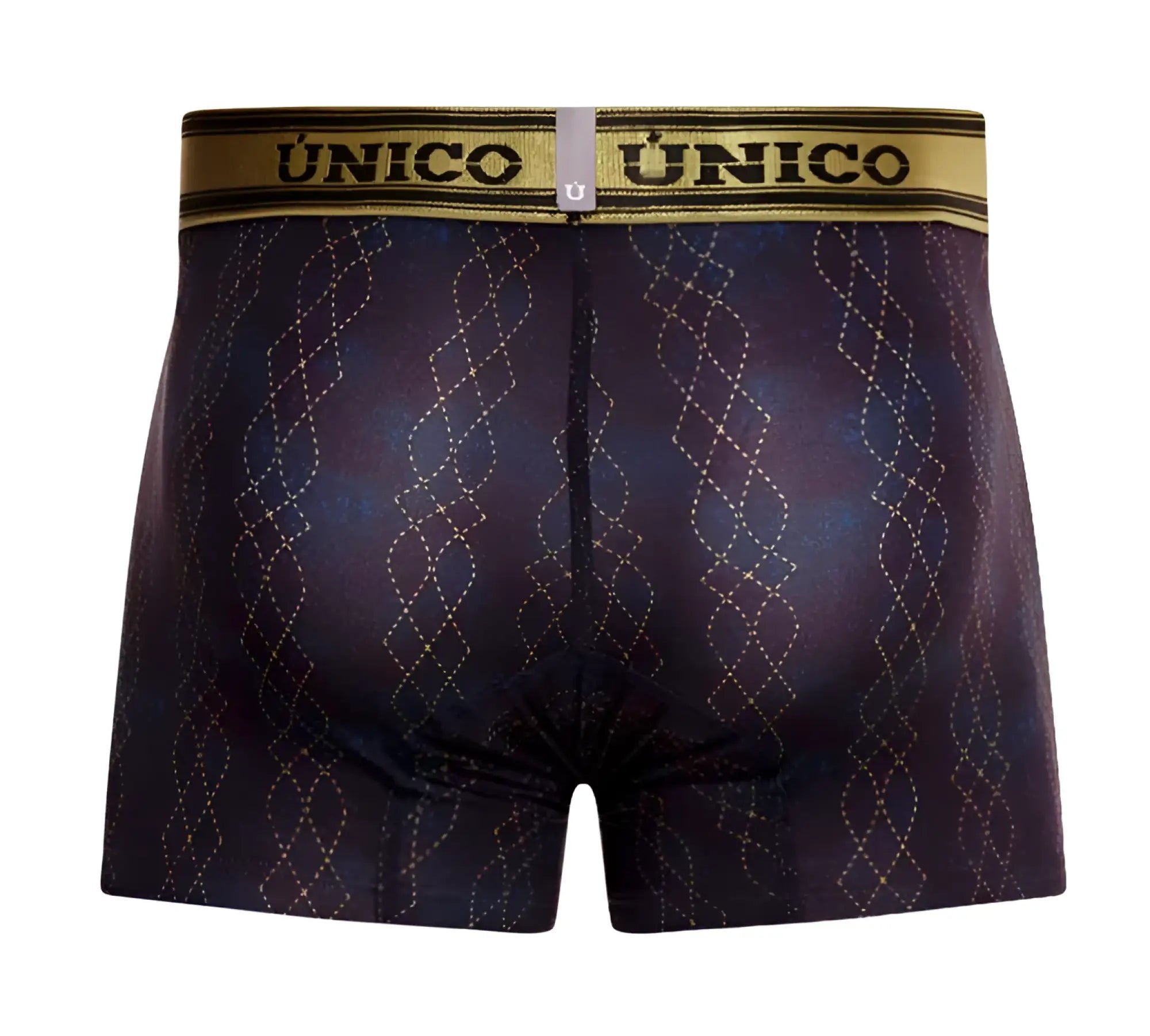 Dark blue and purple patterned unico laca trunks with gold trim waistband in color 46-black boxer briefs