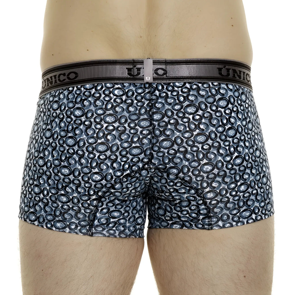 Unico 24020100110 Redondel trunks in blue and black circular pattern with gray waistband for men’s boxer briefs