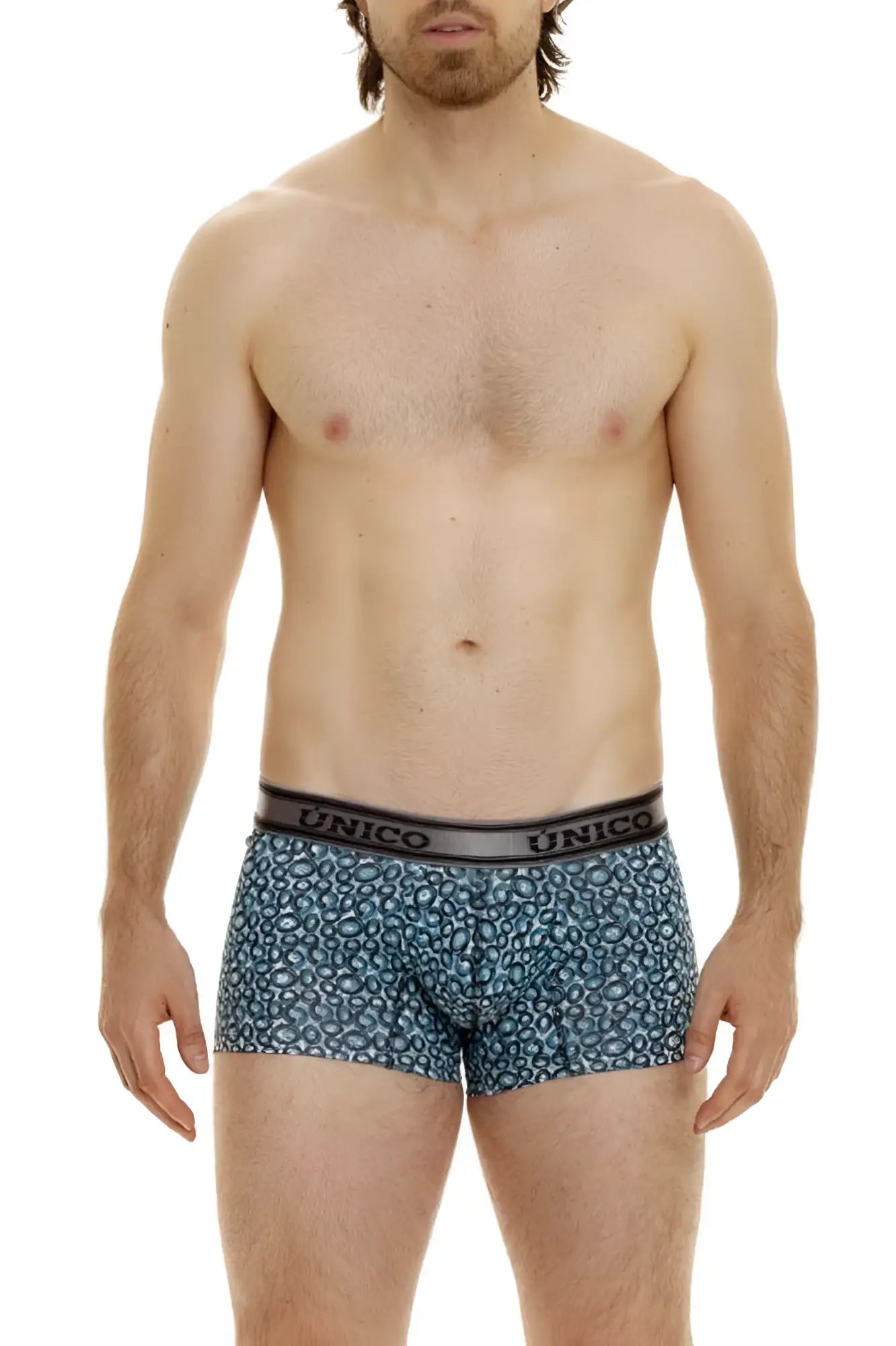 Unico 24020100110 redondel trunks in blue blue leopard-print boxer briefs with black unico waistband