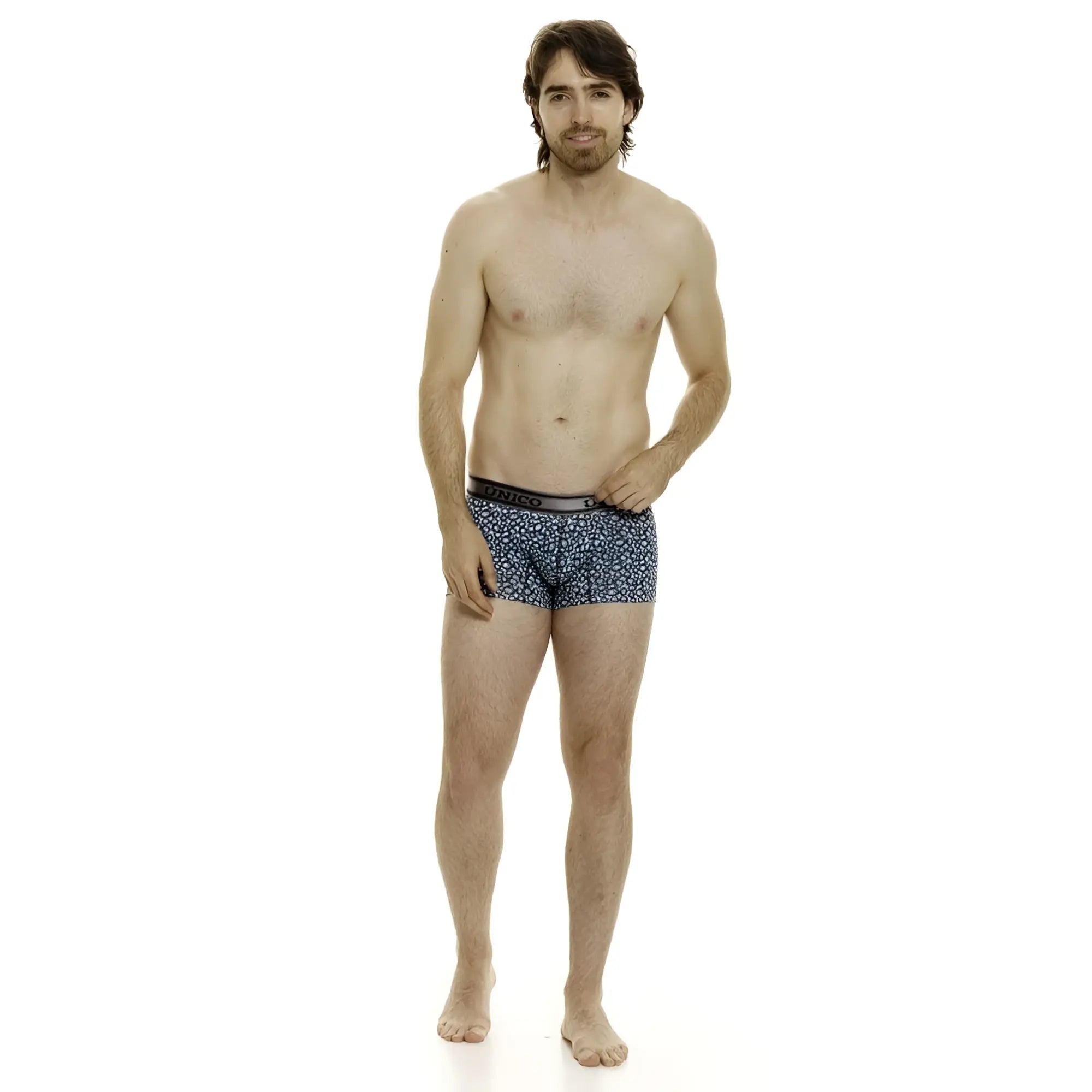 Men’s unico 24020100110 redondel trunks navy blue boxer briefs with subtle white floral pattern and black elastic waistband