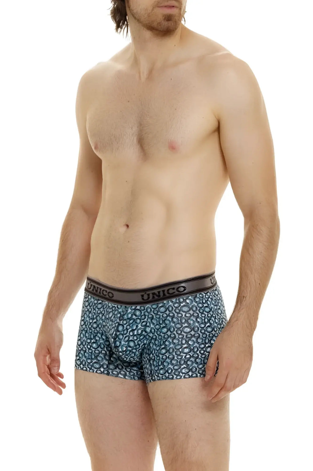Blue patterned unico 24020100110 redondel trunks with black elastic waistband for comfortable daily wear
