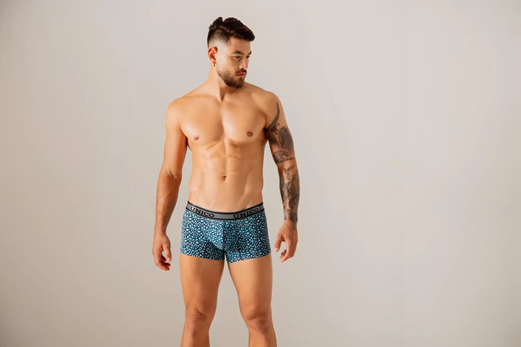 Blue patterned men’s boxer briefs with black unico branded waistband from unico 24020100110 redondel trunks color 46-blue