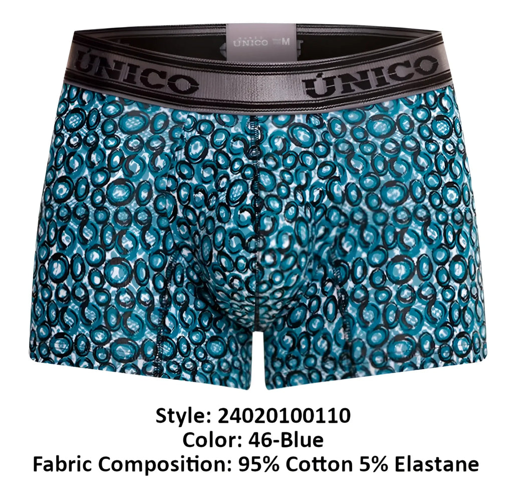 Blue patterned men’s boxer briefs with black gray unico elastic waistband from unico 24020100110 redondel trunks