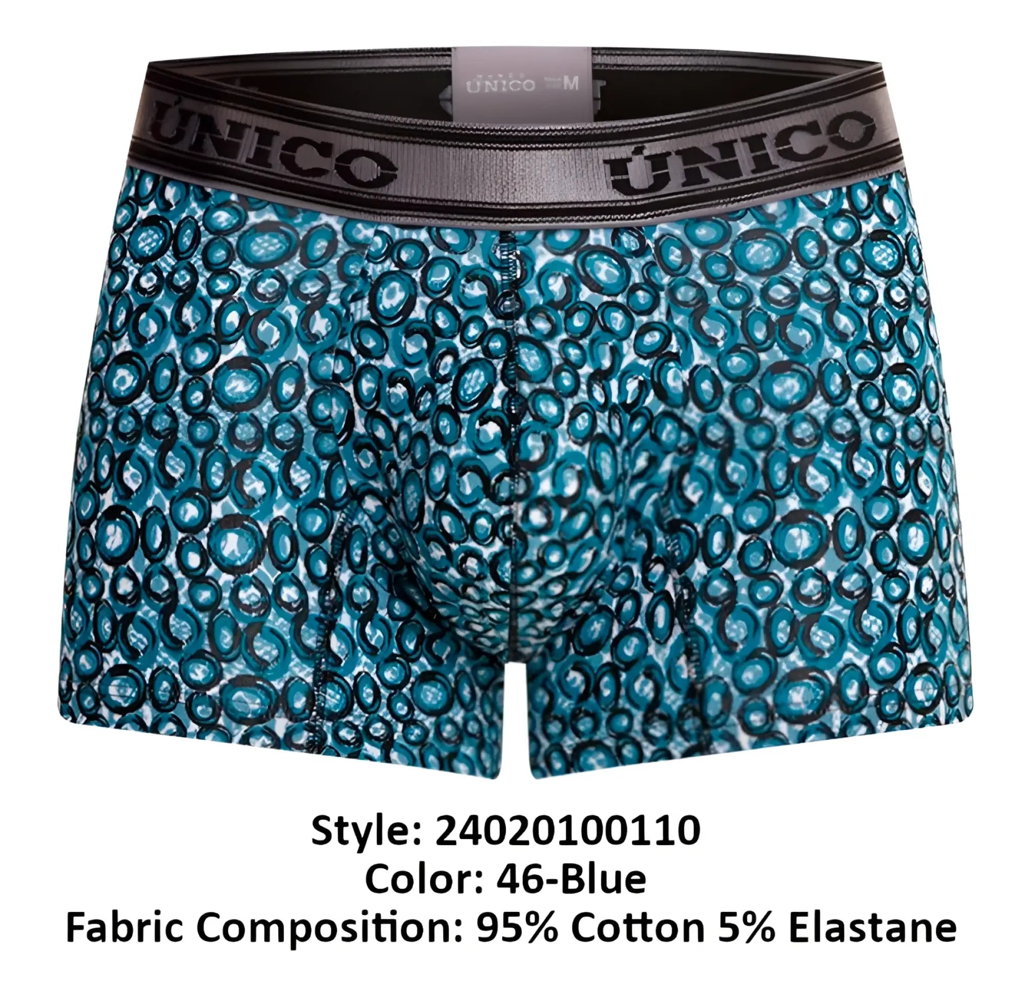 Blue patterned men’s boxer briefs with black gray unico elastic waistband from unico 24020100110 redondel trunks
