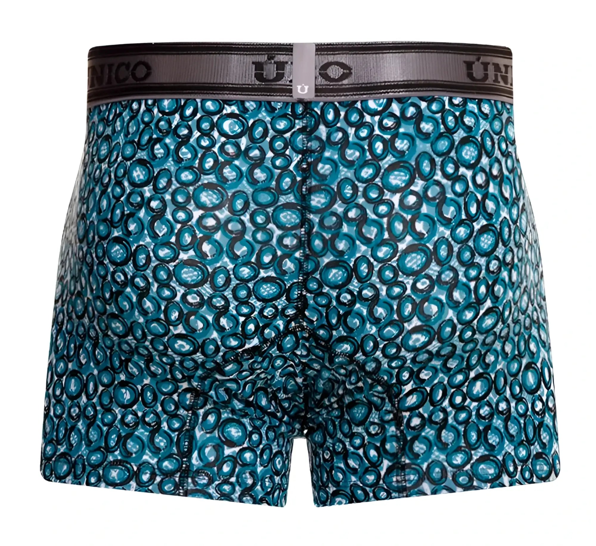 Unico 24020100110 Redondel trunks boxer briefs in teal and black circular pattern with gray unico waistband