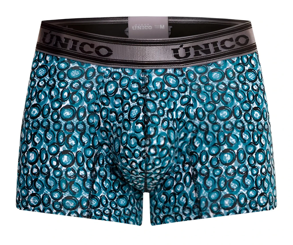 Unico 24020100110 redondel trunks men’s teal and black circular patterned boxer briefs with gray waistband