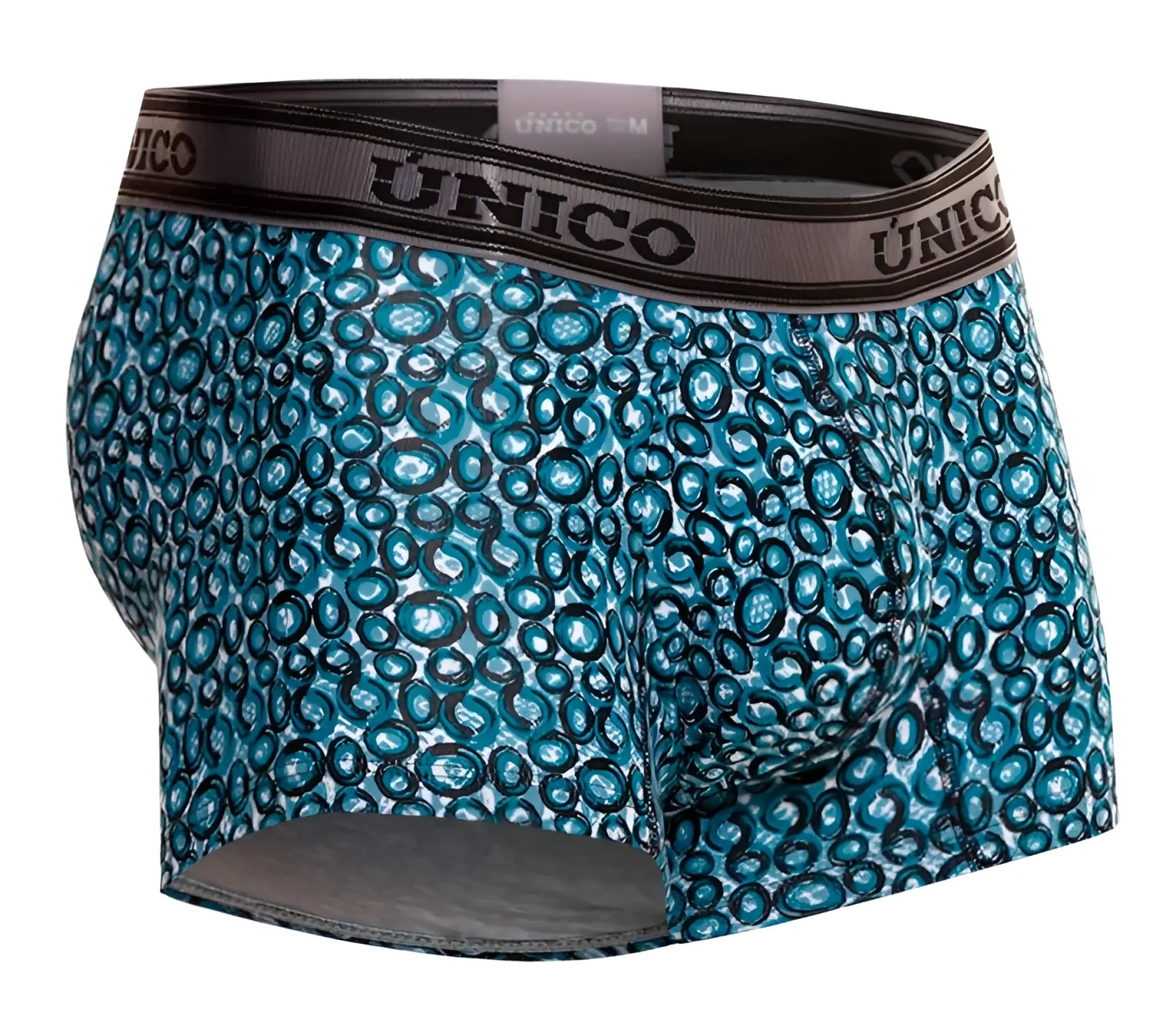 Unico 24020100110 redondel trunks men’s boxer briefs with teal and black circular pattern and brown waistband