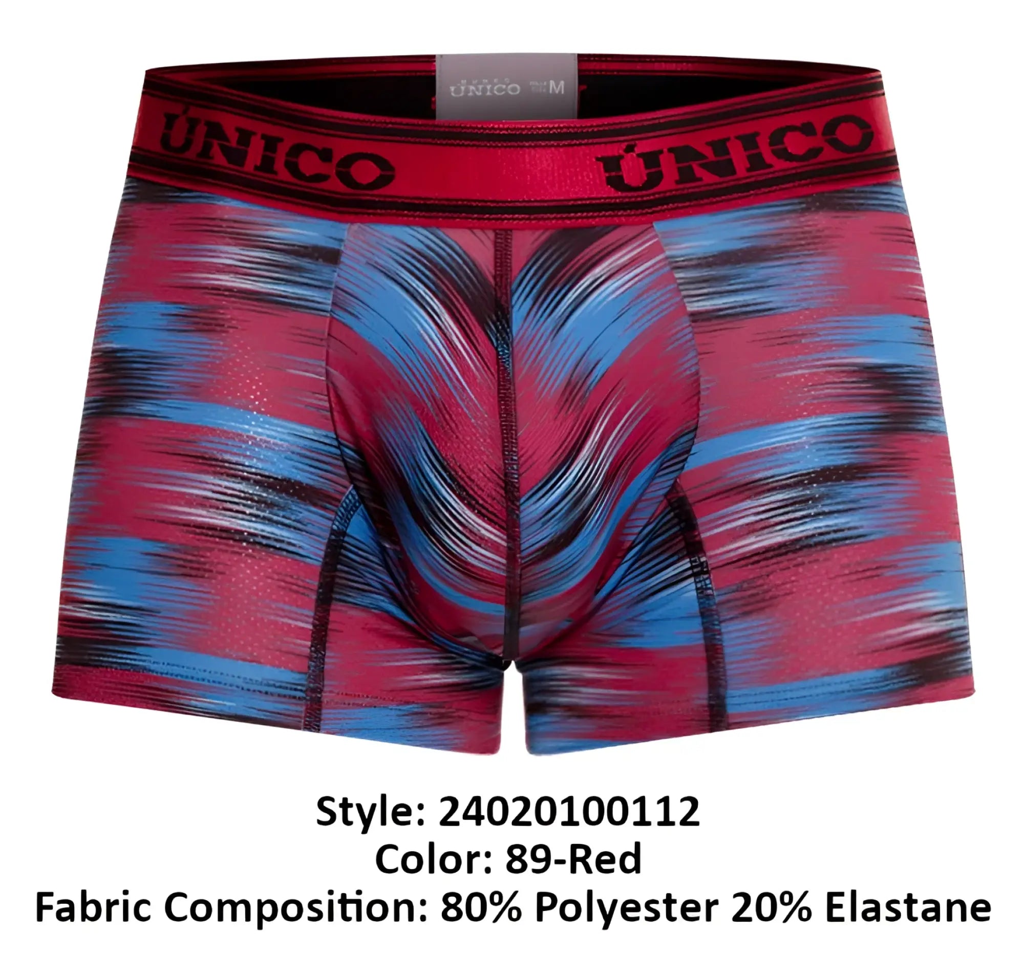 Unico 24020100112 yute trunks men’s boxer briefs with red and blue abstract patterns and a black logo band
