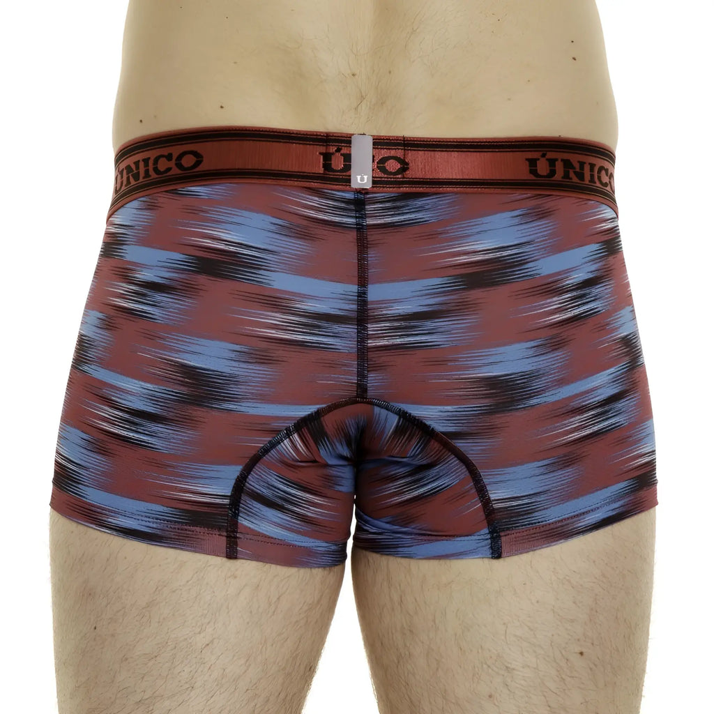 Unico yute trunks in red with blue abstract pattern and branded elastic waistband boxer briefs