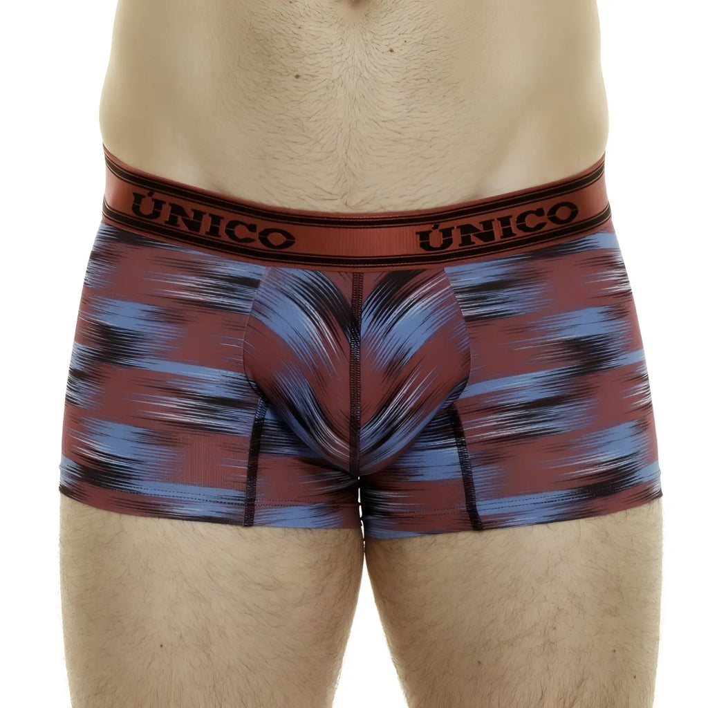 Unico 24020100112 yute trunks in maroon and blue abstract pattern with branded elastic waistband boxer briefs