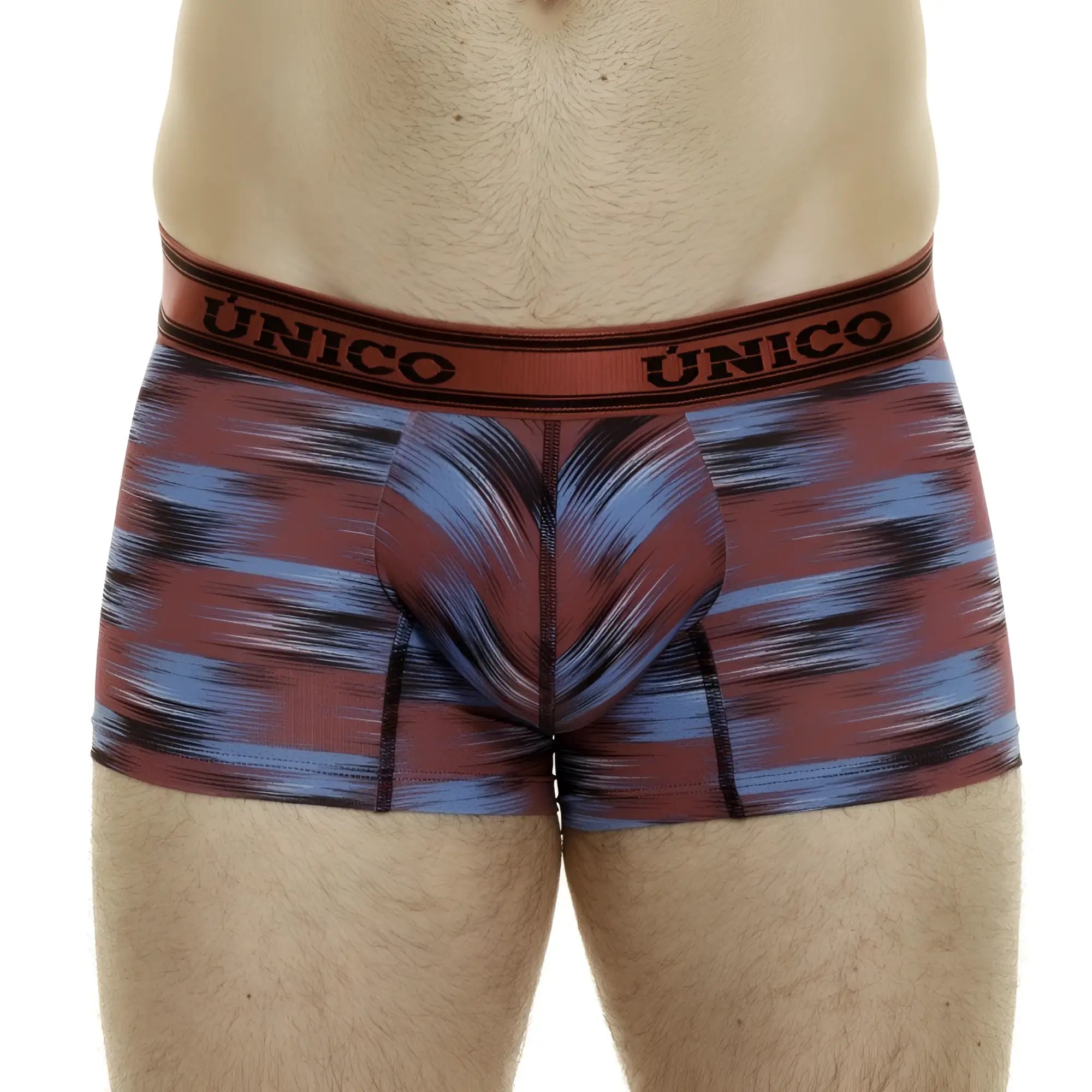 Unico 24020100112 yute trunks in maroon and blue abstract pattern with branded elastic waistband boxer briefs
