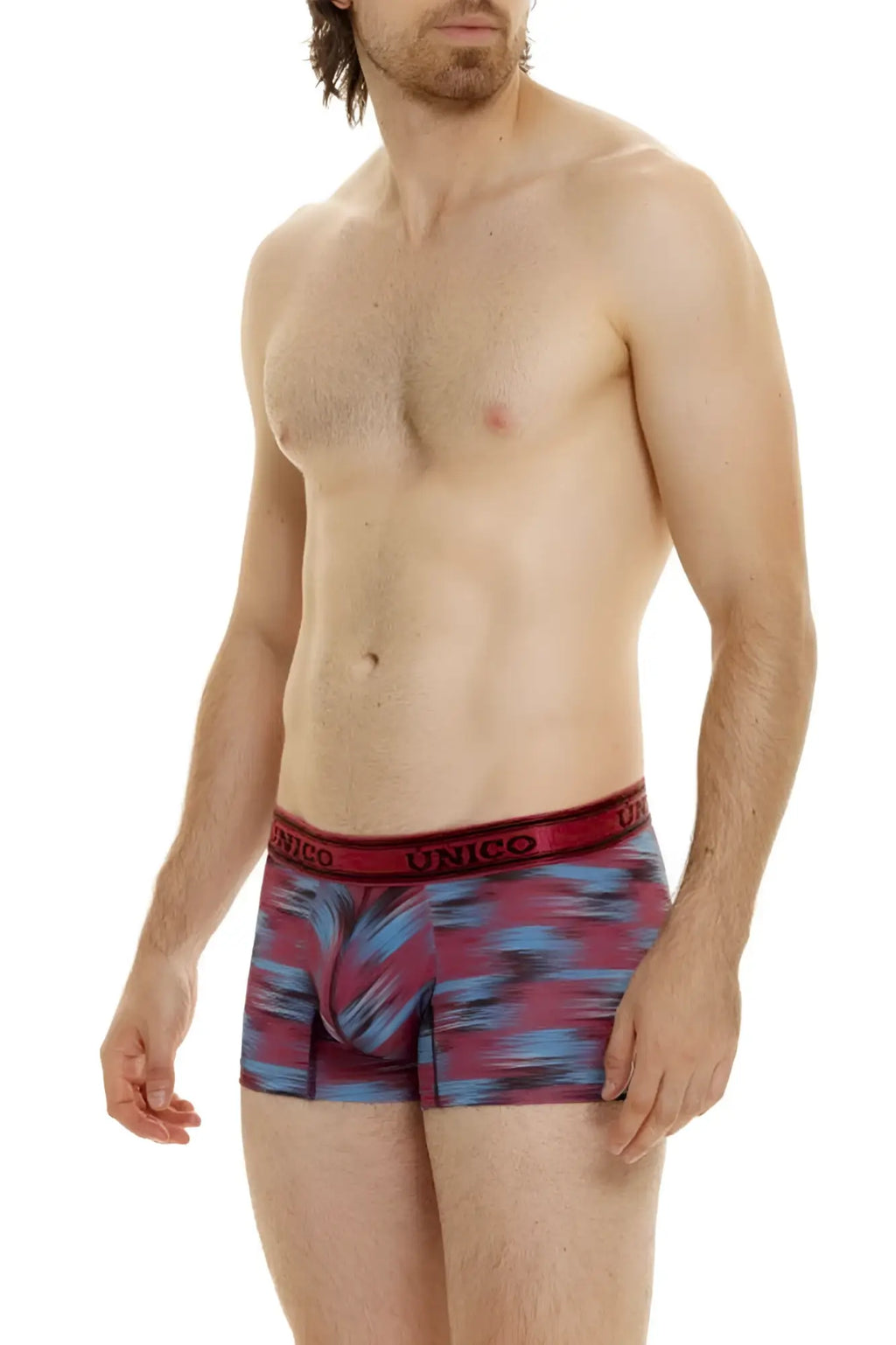 Men’s unico 24020100112 yute trunks color 89-red boxer briefs with maroon and blue abstract pattern and red waistband
