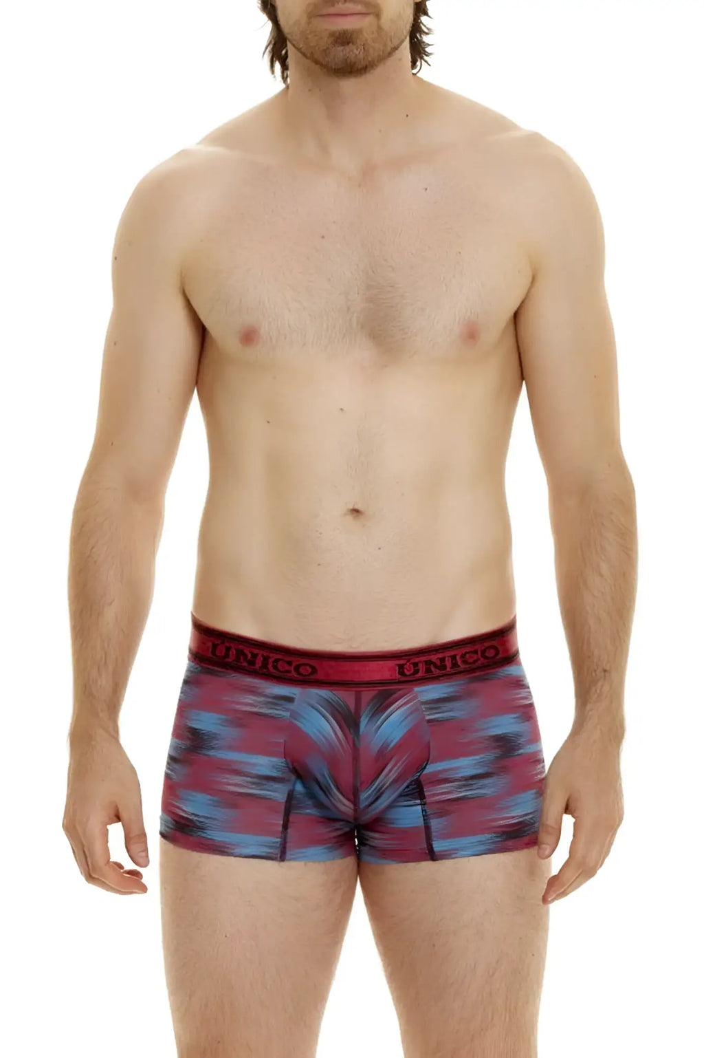 Men’s unico 24020100112 yute trunks boxer briefs with maroon and blue abstract pattern and red waistband