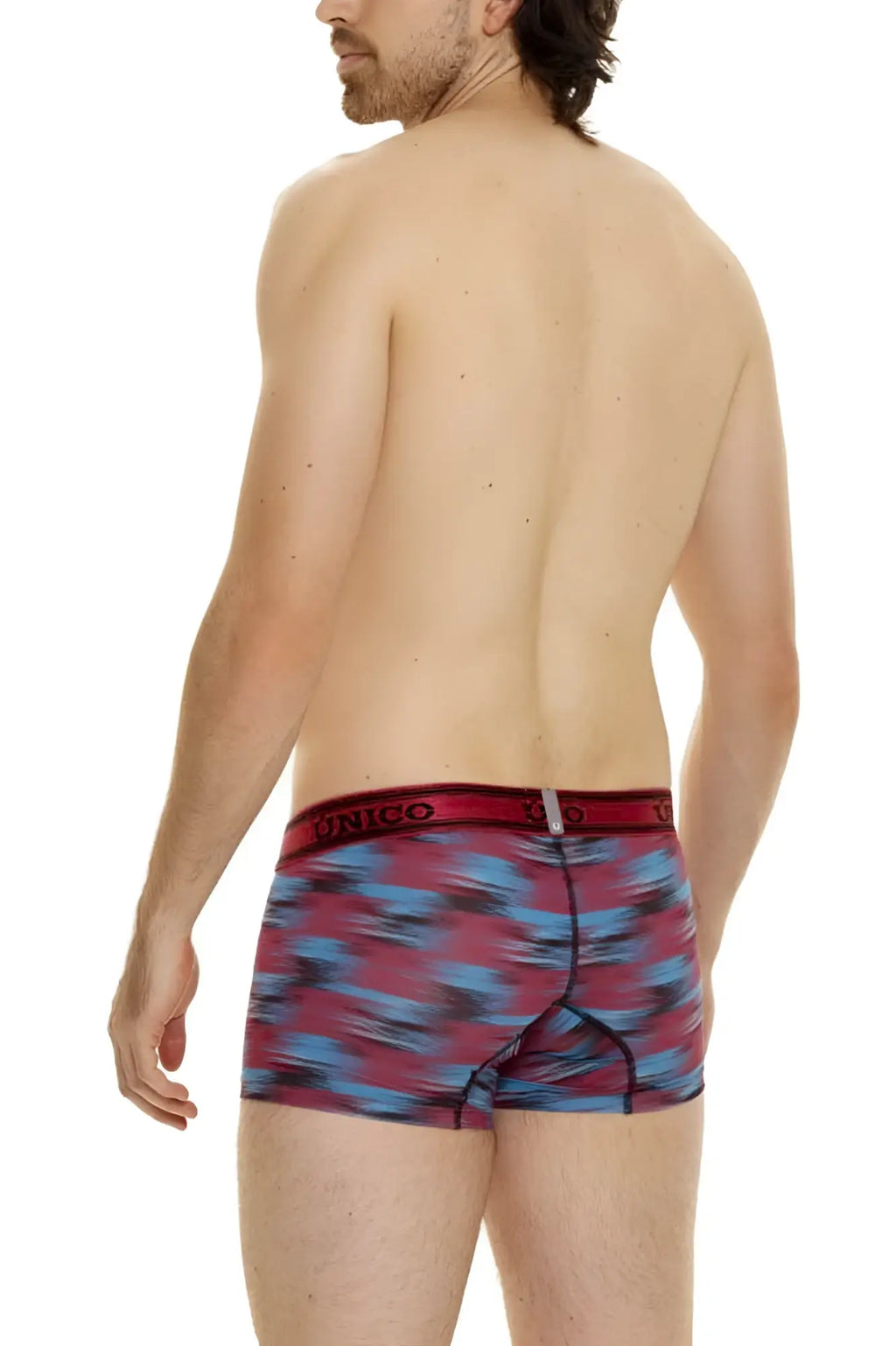 Men’s unico 24020100112 yute trunks boxer briefs with vibrant red and blue abstract pattern and matching waistband